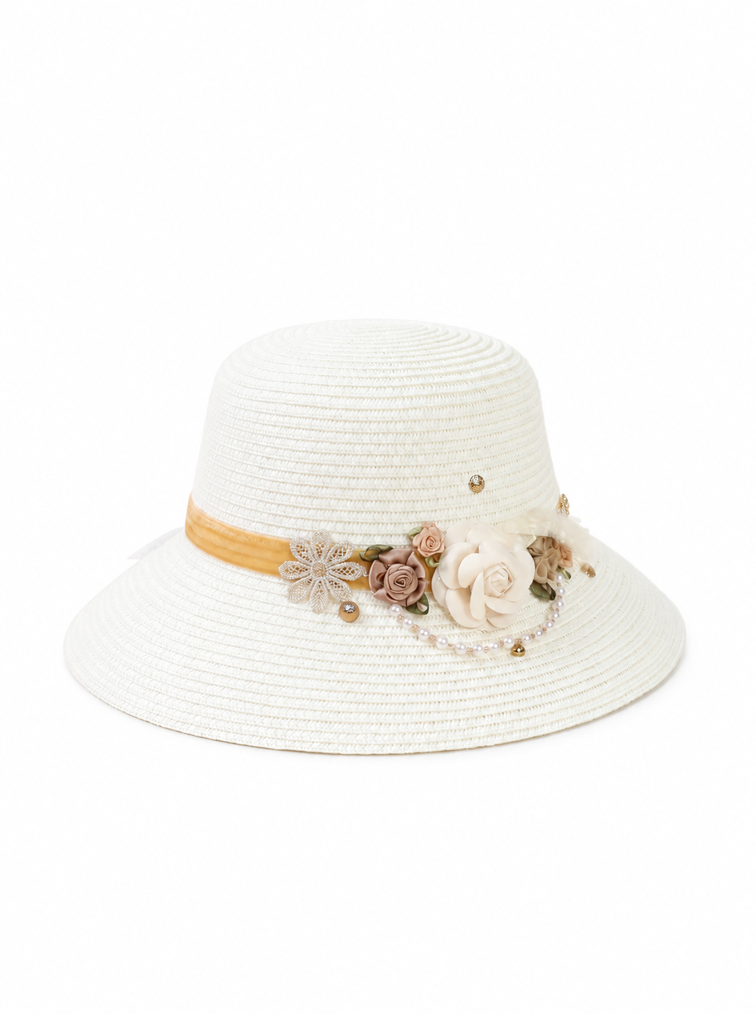 Violette Floral Pearl Straw Sun Hat Wide Brim Summer Beach Hat - White - PM-004-WT - white top-down variation