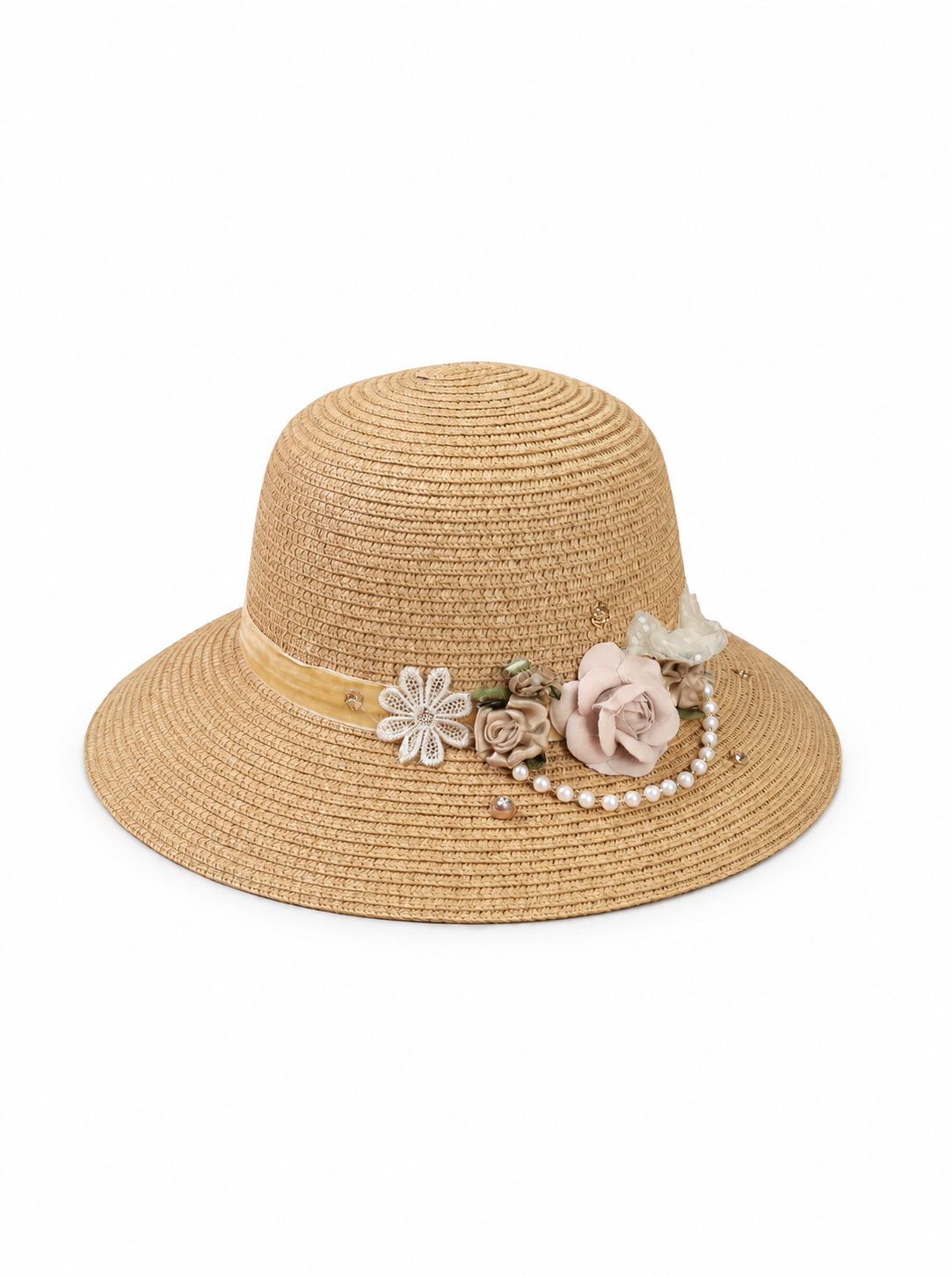 Violette Floral Pearl Straw Sun Hat Wide Brim Summer Beach Hat - Camel - PM-005-CA - white top-down variation