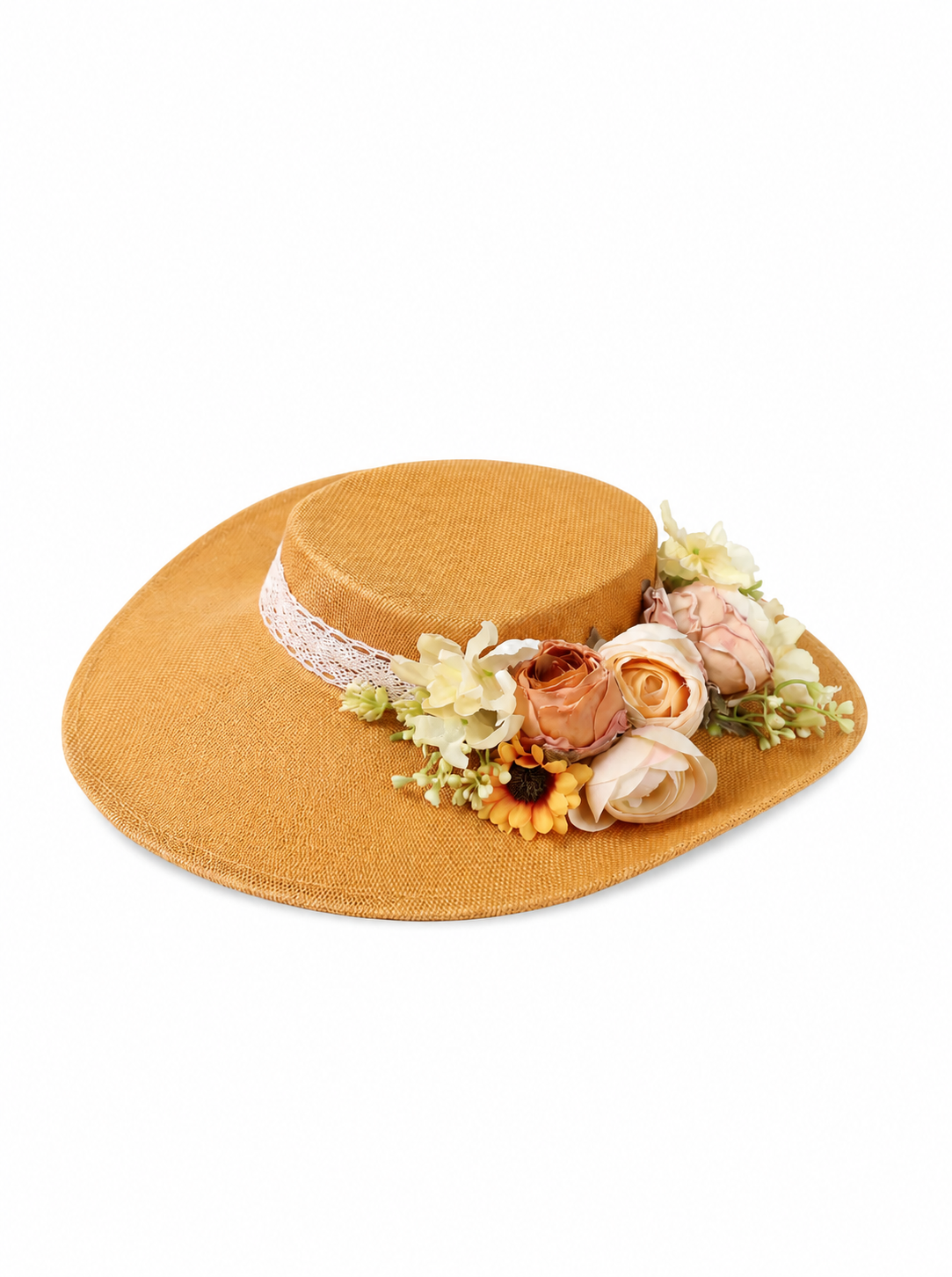Violette Floral Straw Boater Hat Wide Brim Summer Sun Hat - Yellow - QM-002-YL - white top-down variation