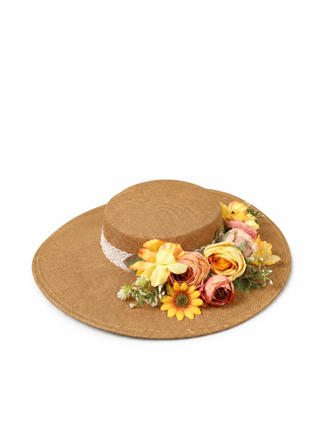 Violette Floral Straw Boater Hat Wide Brim Summer Sun Hat - Camel - QM-003-IV - white top-down variation