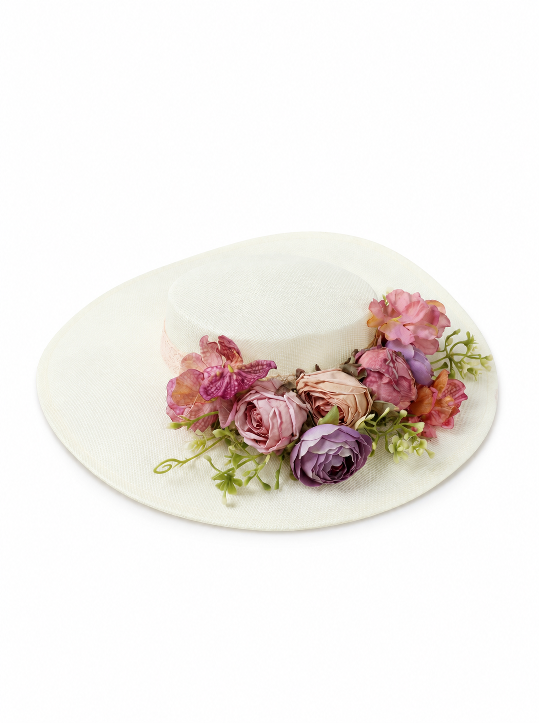Violette Floral Straw Boater Hat Wide Brim Summer Sun Hat - Ivory - QM-004-CA - white top-down variation