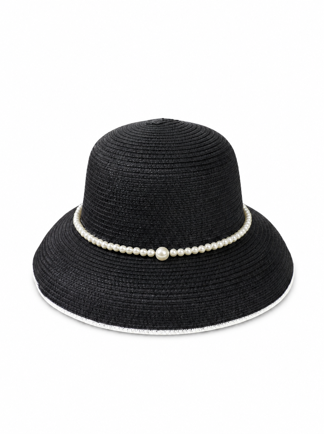 Violette Straw Sun Hat with Pearl Trim Wide Brim Summer Beach Hat - Black - PM-002-BK - white top-down variation