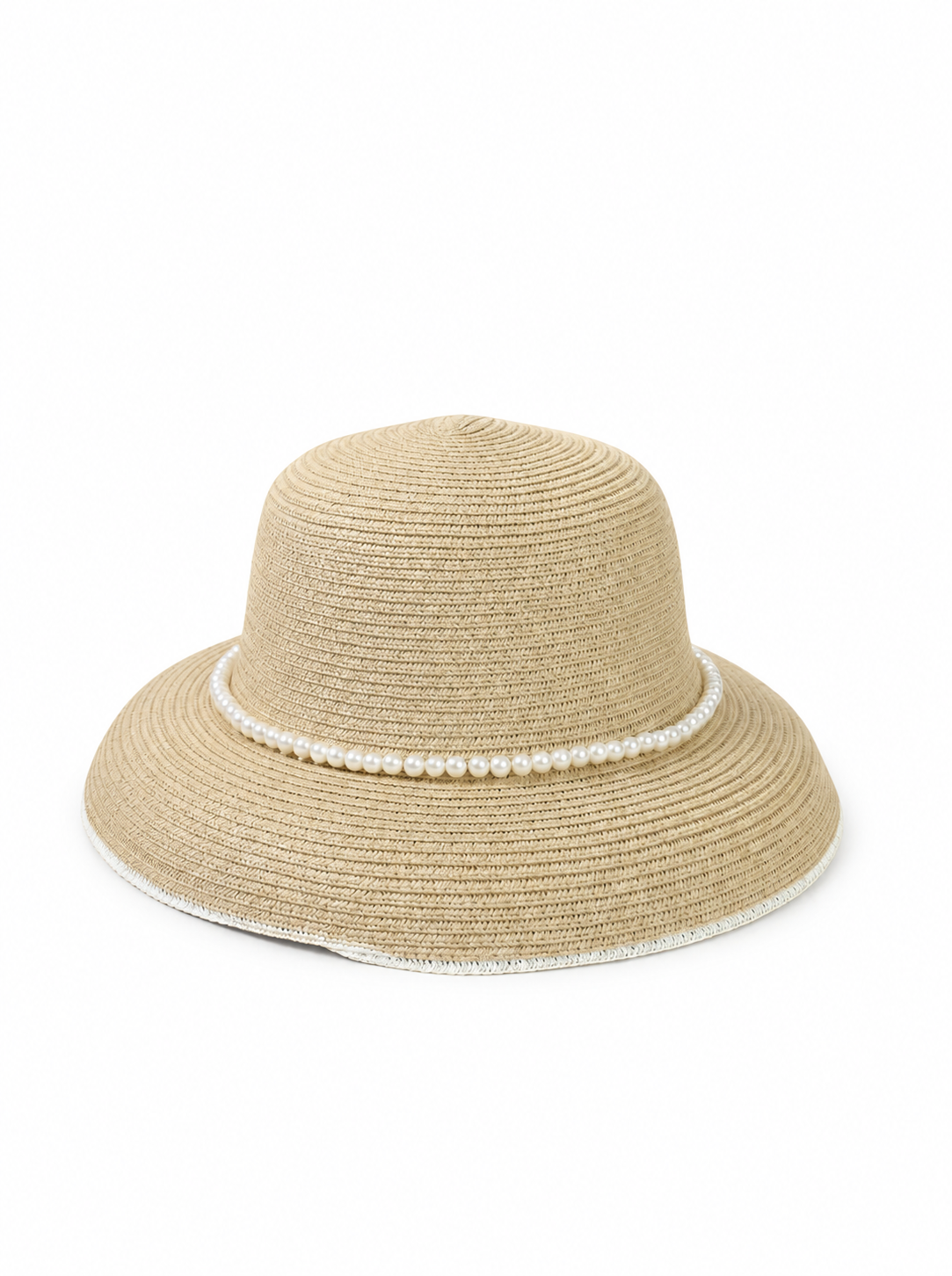 Violette Straw Sun Hat with Pearl Trim Wide Brim Summer Beach Hat - Camel - PM-002-CA - white top-down variation