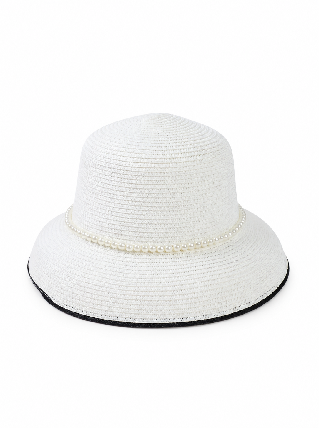 Violette Straw Sun Hat with Pearl Trim Wide Brim Summer Beach Hat - White - PM-002-WH - white top-down variation