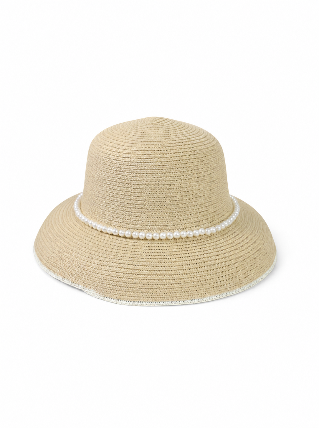 Violette Straw Sun Hat with Pearl Trim Wide Brim Summer Beach Hat - Beige - PM-006-BE - white top-down variation