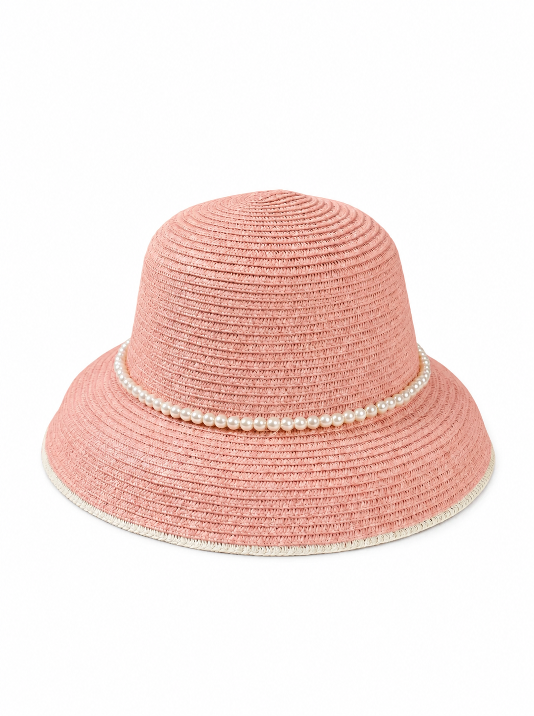 Violette Straw Sun Hat with Pearl Trim Wide Brim Summer Beach Hat - Light Pink - PM-007-LP - white top-down variation
