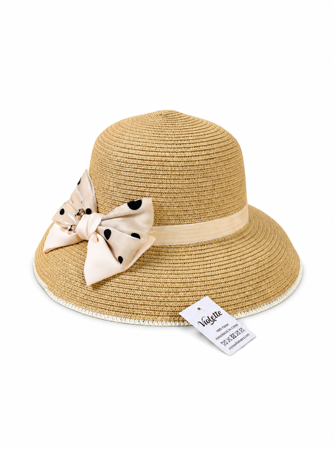 Violette Straw Sun Hat with Ribbon Bow Wide Brim Summer Beach Hat - Beige - PM-003-BE - white top-down variation