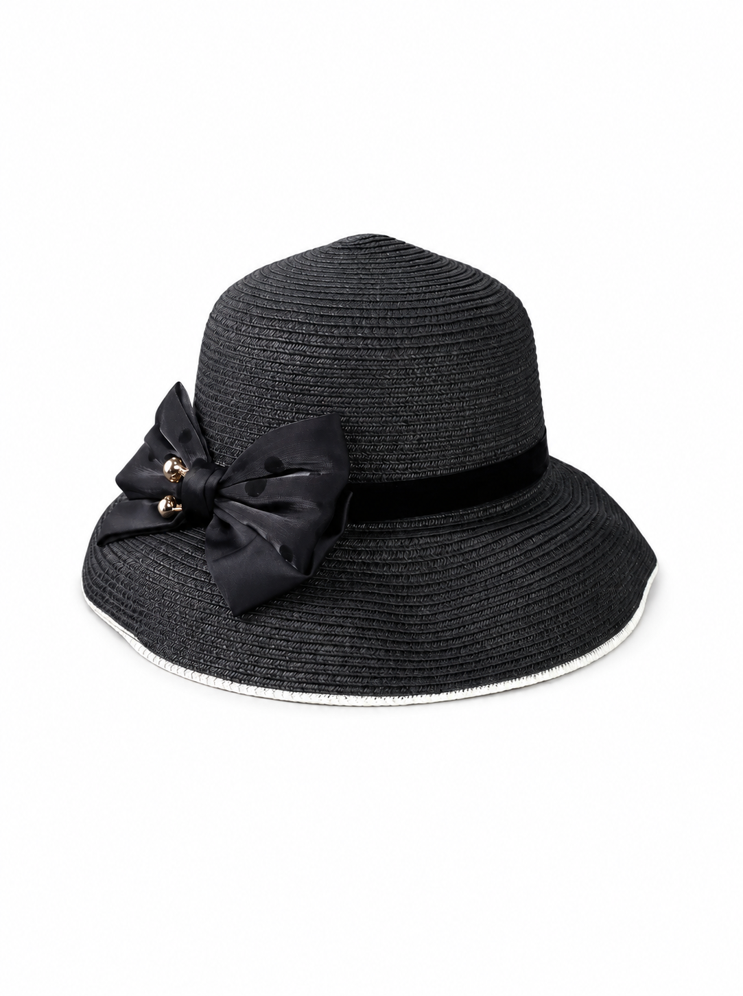 Violette Straw Sun Hat with Ribbon Bow Wide Brim Summer Beach Hat - Black - PM-003-BK - white top-down variation
