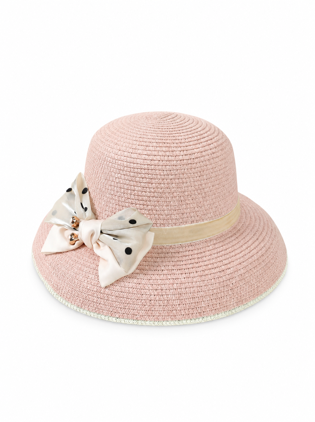 Violette Straw Sun Hat with Ribbon Bow Wide Brim Summer Beach Hat - Light Pink - PM-003-LP - white top-down variation