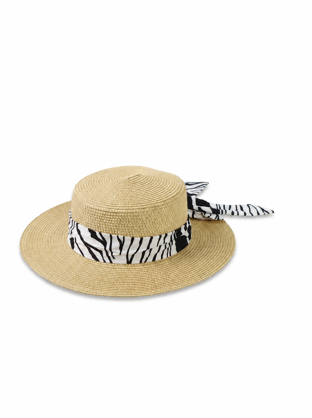 Violette Zebra Ribbon Straw Boater Hat - Light Khaki - PD-005-LK - white top-down variation