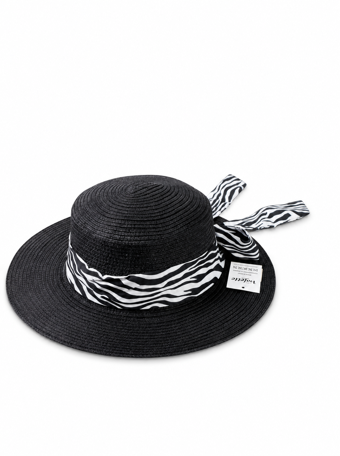 Violette Zebra Ribbon Straw Boater Hat - Black - PD-006-BK - white top-down variation