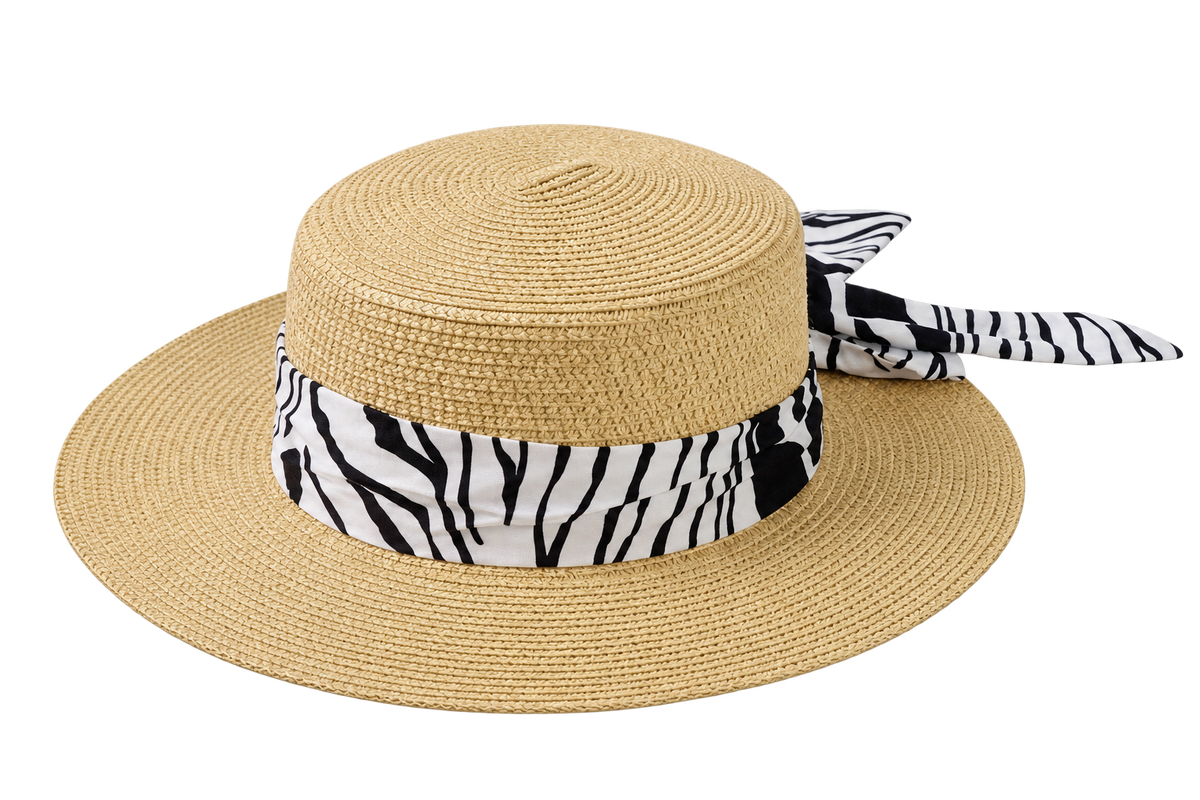 Violette Zebra Ribbon Straw Boater Hat - Beige - PD-008-BE - transparent three-quarter variation