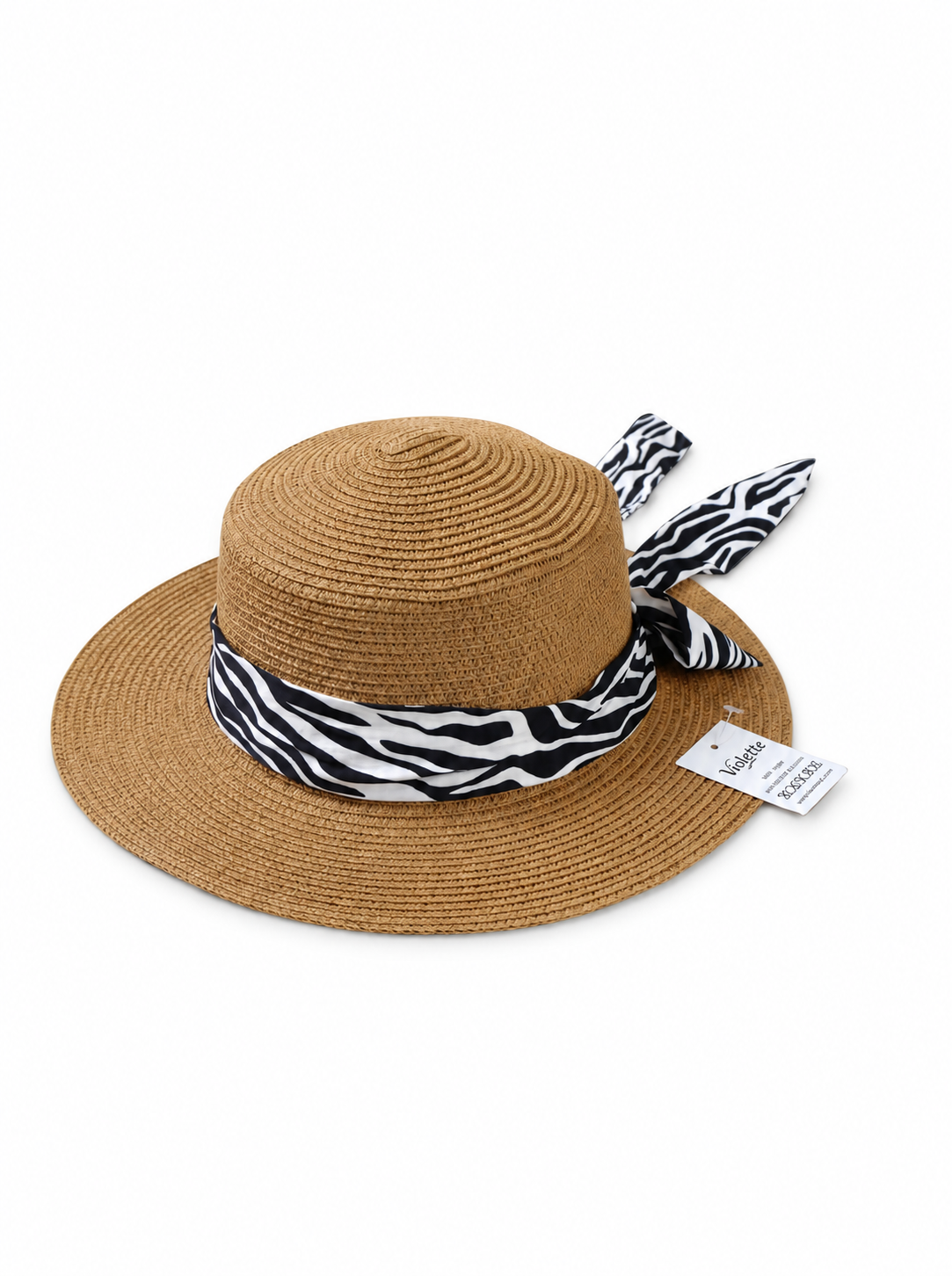 Violette Zebra Ribbon Straw Boater Hat - Camel - PD-009-CM - white top-down variation